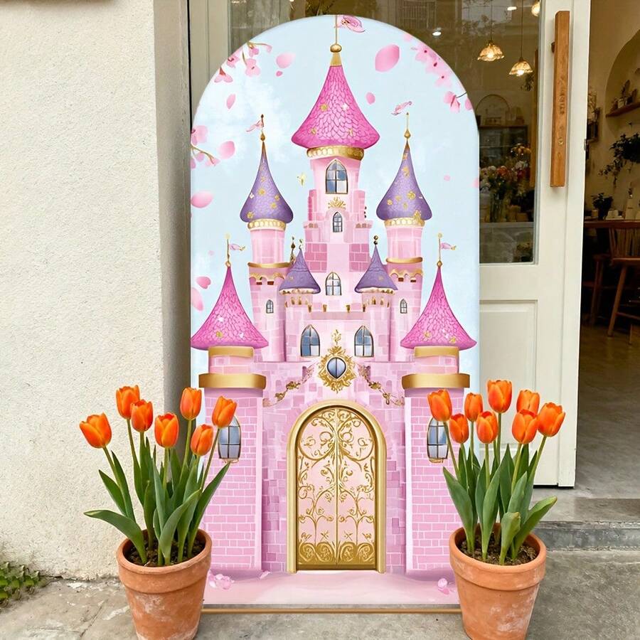 1pc Pink Castle Arch Backdrop, Fairy Tale Theme 2D Flat Print Polyester Background Wall, Easy To Install, Indoor/Outdoor Use, Suitable For Dance Photography, Ceremonies And Holiday Decoration - 1pc - View 1