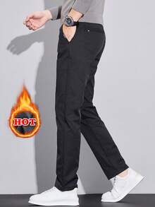 Autumn/Winter Men's Thermal Lined Thick Solid Color Pocket Warm Casual Tapered Long Pants - Black - View 3