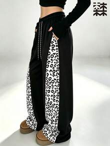 mulinsen Women's Straight Leg Joggers, Elastic Drawstring Waist, Pink Leopard Print Side Stripe Casual Sweatpants - White - View 10
