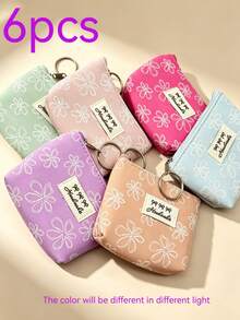 Macaron Color Floral Coin Purse 6pcs Set, Portable Zipper Small Storage Bag With Key Ring, Fresh White Flower Pattern, Can Store Coins, Earphones, Lipstick, Travel Carry-On Small Wallet, Gift Small Item - Multicolor - View 6