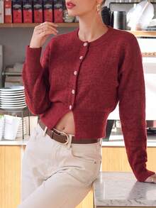 Aflion Women Fall Wine Red Cropped Knit Cardigan, Rhinestone Buttons Round Neck Long Sleeve Irregular Hem Sweater Jacket For Date Party Casual Daily Outfits - Red - View 3