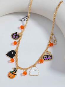 Halloween Fun Pumpkin Ghost Skeleton Bone Pendant Necklace, Dark Style Versatile Holiday Necklace - Style 3 - View 3