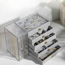 Large Capacity Jewelry Storage Box With 3 Drawers, Transparent Dust-Proof Display Box With Handle, Suitable For Rings, Earrings, Bracelets And Necklaces, Gray - Multicolor - View 1