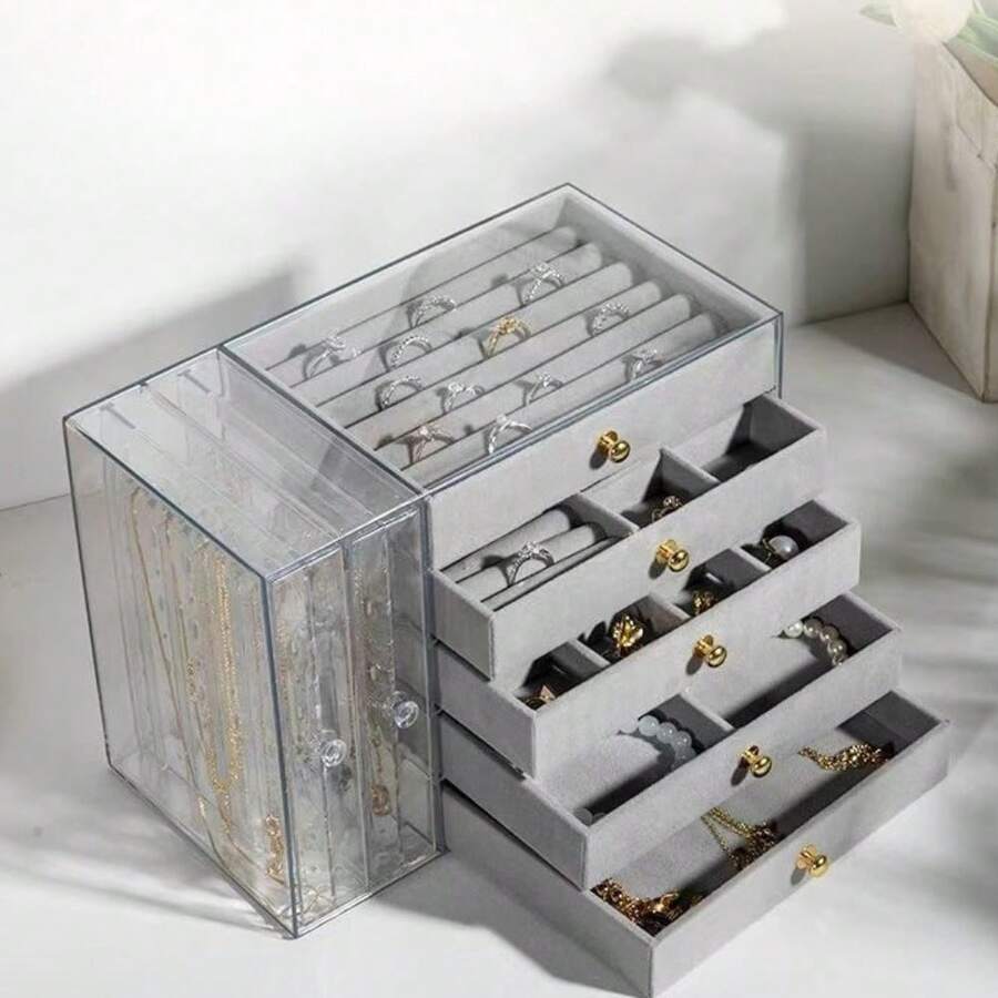 Large Capacity Jewelry Storage Box With 3 Drawers, Transparent Dust-Proof Display Box With Handle, Suitable For Rings, Earrings, Bracelets And Necklaces, Gray - Multicolor - View 1