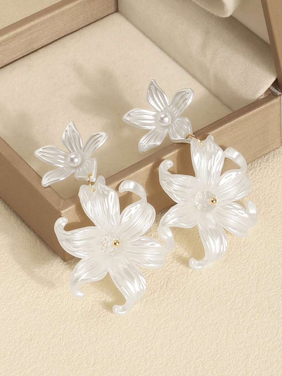 1 Pair White Pearl Shell Flower Tassel Earrings, Elegant French Style, Versatile Daily Wear - White - View 1