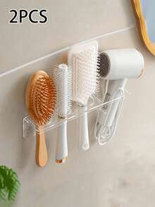 2pcs 2-Hole/3-Hole Transparent Bathroom Storage Rack, Wall-Mounted Daily Hair Dryer Holder, No-Drill Vanity Organizer, Suitable For Holding Combs And Toiletries, Applicable For Bathroom Vanity Comb And Brush Storage - Multicolor - View 2