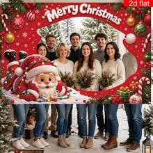 2D Plane Banner, 1 Piece, Christmas Photo Frame Banner, Cute Santa Claus Hollowed Out Self-Portrait Background Cloth, Colored Lights, Candy Cane Pattern Polyester Suitable For Home And Outdoor Fun Photo Props. - 1 - View 1