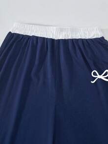 Girls' Bow Print Contrast Color Ruffle Collar T-Shirt And Wide Leg Pants Casual Outfit - Blue - View 7