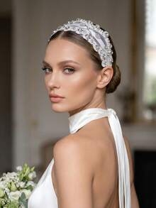 1pc Shiny Green Rhinestone Alloy Leaf Headband, Holiday Gift Bridal Hair Accessory For Women, Suitable For Wedding - Dark Green - View 13