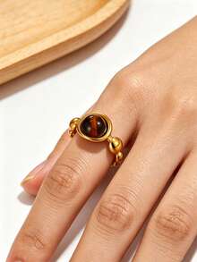 Geometric Round Amber Stone Rings For Women Stainless Steel Ring Waterproof Non-Fade Fashion Jewelry Gifts For New Year,Birthday,Party - Multicolor - View 2