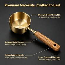 8-Piece Measuring Cups And Spoons Set, Gold Stainless Steel With Natural Wood Handle, Laser Engraved Metric & US Measurements (60ml To 250ml), Stackable Kitchen Measuring Tools For Baking And Cooking - View 9