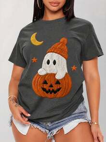 1 Pieza Para Mujer Estampado Gráfico De Fantasma Y Calabaza Cuello Redondo Manga Corta Cómoda Ligera Estilo Casual Divertido Playera Para Halloween Y Otoño - Gris oscuro - Ver 3