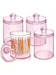 6/4/2pcs Cleaning Sticks/Round Pads/Floss Picks Dispenser, 10oz Clear Plastic Bottle Set, Bathroom Storage Organizer, Vanity Cosmetic Storage Box, Pink - Pink - View 2