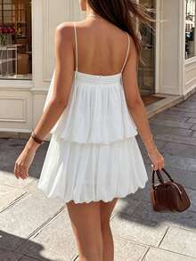 Women Summer Fall White Cami Tiered Mini Dress, V Neck Smocked Ruffle Layered Cake Dress For Vacation Date Music Festival Party Outfits - White - View 2