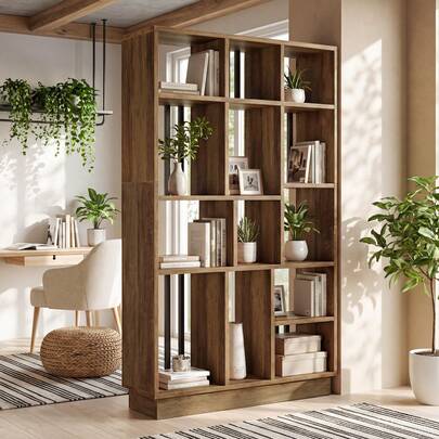 FINMIND 71" Room Divider With Storage Shelves, Freestanding Wooden Partition Screen, Modern Open Bookshelf Room Separator For Living Room Entryway Bedroom
