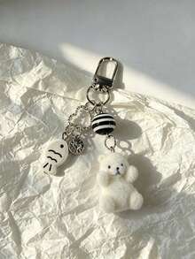 1pc Women's Flocked Cartoon White Bear Key Chain With Small Fish & Heart Bead Pendant, Cute Adorable Accessory For Earphones, Bags And Keys - White - View 2