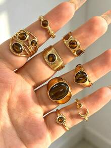 8pcs Multi-Layer Stackable Fashion Minimalist Elegant Exquisite Vintage Design Faux Tiger Eye Oil-Drip Moon Star Textured Metal Style Chunky Rings Set, Holiday Vacation Party Date Gift, Daily Commute Wear, Personalized - Yellow Gold - View 5