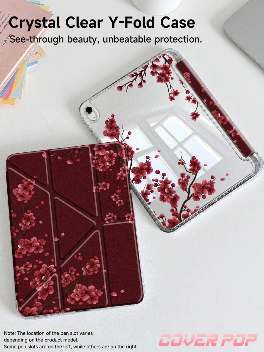 酒紅色櫻花圖案平板保護殼，相容 iPad Air 8 (M4) 2026 (11 吋/13 吋)、Air 11 吋 M3 (2025)/M2 (2024)、Air 第 5 代 (2022)、(A16) 11 吋第 11 代 (2025)、Galaxy Tab 與 Kindle Paperwhite 第 12 代 (2024)；透明背蓋設計，時尚圖案外觀，支援自動休眠/喚醒功能，氣囊防震保護，適合作為禮物或辦公使用