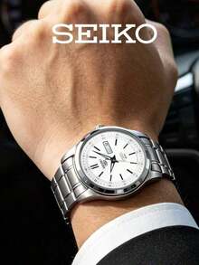 SEIKO Men's Automatic Mechanical Watch, Stainless Steel White Dial With Bar Markers, Day-Date, Minimalist Business Commuter Style - White - View 2