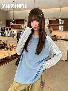 Contrast Color Print Raglan Sleeve T-Shirt, Autumn Korean Style Design Loose Fit Base Layer Top - Blue - View 7