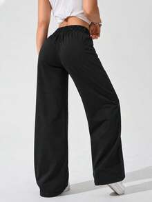Women's Elastic Waist Drawstring Straight Leg Pants With Side Pockets, Relaxed Full Length Casual Active Trousers For Yoga - Black - View 5