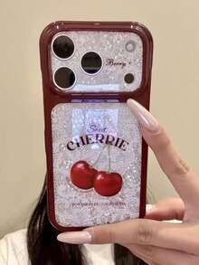 1PC American Vintage Lace Sweet Cherry English Print Phone Case, Ice Crackle Silver Glitter Base Burgundy Frame Lens Frame Full Coverage Anti-Drop Phone Case, Girly Versatile Phone Protective Shell Compatible With Apple 17/16/15/14/13/12/11/Pro/Pro Max Full Coverage Protective Shell, Perfect Gift For Friends, Family, Girlfriend, Boyfriend, Holiday Gift - Multicolor - View 3