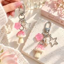 1pc/2pcs Women's Cartoon Flocked Mushroom Pendant With Faux Pearl Beads And Star Charm Keychain, Cute Bag Charm, Wallet Accessory - Multicolor - View 2