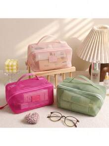 1pc Large Capacity Mesh Handheld Toiletry Bag, Minimalist Solid Color Travel Portable Cosmetic Organizer With Multiple Compartments - Multicolor - View 7