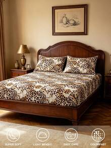 Blissful 2/3pcs Leopard Print Bedding Set, Fresh Style, Suitable For Bedroom, Guest Room, Dormitory (Boy/Girl Dorm Bedding), Set Includes: 1 Elastic Fitted Sheet + 1/2 Pillowcase (Inner Core Not Included) - Multicolor - View 9