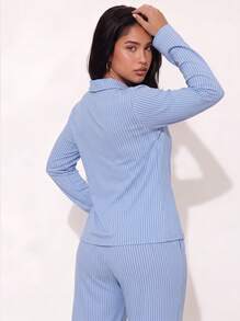 2pcs Set Piyama Wanita Longgar Nyaman Bernapas Atasan Lengan Panjang dan Celana Panjang - Biru - View 4