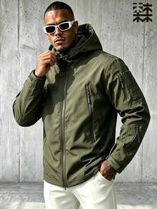 mulinsen Men's Outdoor Tactical Hooded Jacket, Multiple Zipper Pockets, Hook And Loop Decor, Windproof & Wear-Resistant Workwear Jacket - Army Green - View 3
