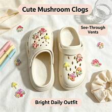 Khaki EVA Clogs With Reversible Heel Strap, Glow-In-The-Dark Mushroom Decor, Summer Casual Style, Slip-On Shoes, Unisex, Breathable, Versatile For Home, Beach, Healthcare Commute - Khaki - View 2