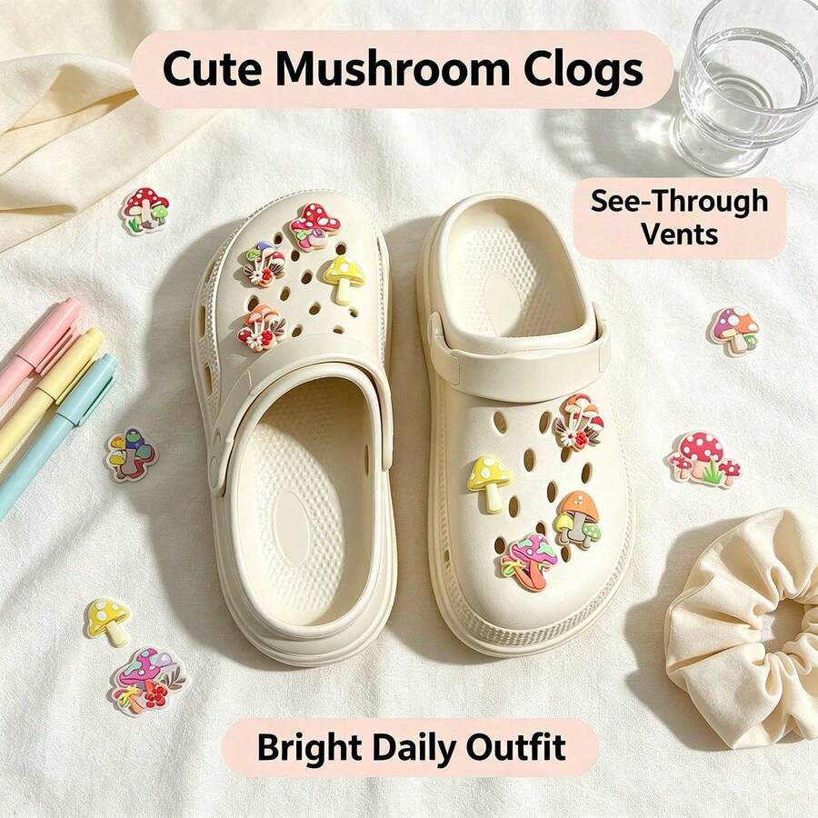 Khaki EVA Clogs With Reversible Heel Strap, Glow-In-The-Dark Mushroom Decor, Summer Casual Style, Slip-On Shoes, Unisex, Breathable, Versatile For Home, Beach, Healthcare Commute