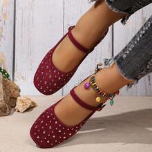 Women's Metal Rivet Decor Solid Color Square Toe Single Strap Flat Mary Jane Shoes, Retro Daily Spring/Summer Red Faux Leather Low Vamp Pumps - Burgundy - View 3