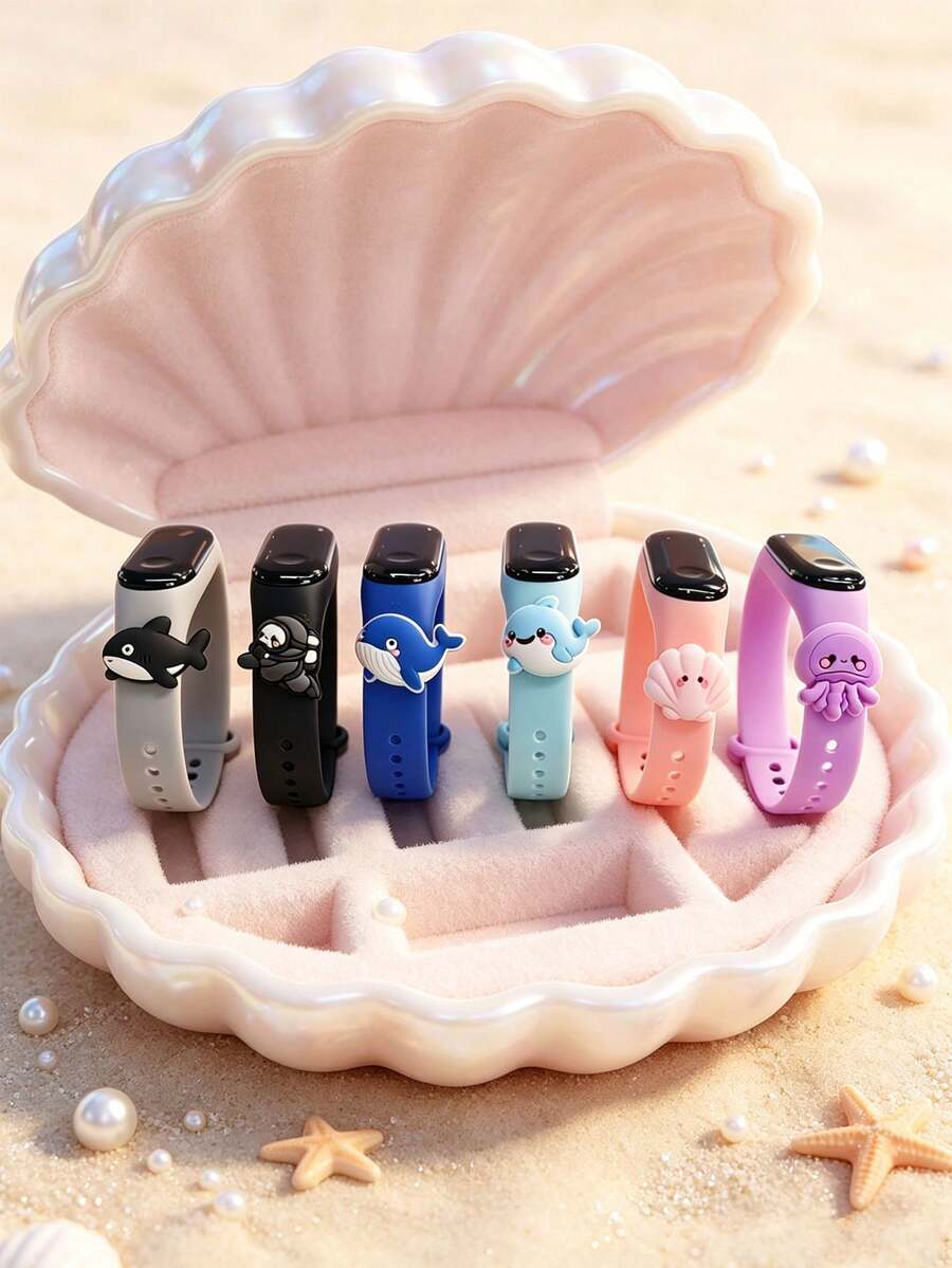 6pcs/Set Unisex Student Children Disposable Battery LED Touch Screen Electronic Watch, With Cute Cartoon 3D Pendant Pattern--6 Color Combinations, Can View Time And Date, Suitable For Birthday, Christmas, Holiday Gifts, Daily Wear, School And Sports Use - Multicolor - View 1