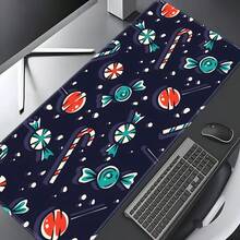 1pc Deep Navy Christmas Candy Pattern Large Extended Mouse Pad - Extended Navy Blue Base Christmas Candy Print Desktop Keyboard Mat, Stitched Edge Soft Fabric Material, Non-Slip Rubber Bottom. Smooth Fabric Surface, Precise Mouse Movement, Suitable For Home Office, Gaming, Can Be Given As A Christmas Gift To Friends. - View 3