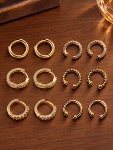 6/12pcs Elegant Dazzling Earring Sets Earrings Stack Golden Silvery Rhinestones Twisted Hoop Cuffs Stack Cartilage Clip Women Party Gifts - Earring Set - View 3