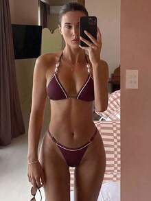 Bikinx Set Bikini Wanita Model Halter Neck dengan Tali Belakang, Dihiasi Manik-Manik, Cocok untuk Liburan di Pantai - MultiWarna - View 4