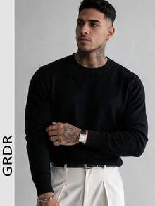 Men's Solid Black Wool Sweater, Soft And Cozy, Round Neck, Basic Casual Pullover, Layering Base Layer, Knit Jumper, Autumn/Winter - Black - View 2