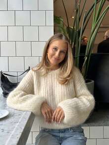 Women's Ribbed Knit Pullover Sweater, Round Neck Loose Drop Shoulder Lantern Long Sleeve Solid Color Vertical Texture Soft Fluffy Fuzzy Knit, Women's Autumn/Winter Clothing Lazy Casual Daily Wear - Apricot - View 2