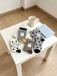 Calcetines casuales versátiles para niñas estilo japonés con conejo lindo, 1/4 pares aleatorios, a media pantorrilla, lunares, rayas, multicolor, con contraste en el puño, para escuela - Multicolor - Ver 3