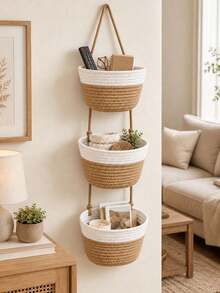 1pc 3-Tier Bohemian Style Wall-Mounted Bathroom Storage Basket, Large Capacity Space-Saving Design, Can Store Towels, Toiletries, Books, Remote Controls And Various Household Items, Christmas, Room Decor, Christmas>Decor, Squishy, Personalized Gift (Random Style) - Multicolor - View 7
