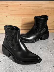 ZCZ Men's Embroidered Western-Style Ankle Boots, Pointed-Toe With Side Zipper And Chunky Square Heel - Black - View 11