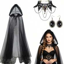 4pcs Halloween Dark Gothic Hooded Tulle Shawl Set, Vintage Lace Choker, Earrings, Party Accessories - Black - View 11
