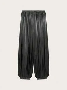 Spring/Summer Solid Color Slouchy Comfortable Commuter Lantern Pants - Black - View 2