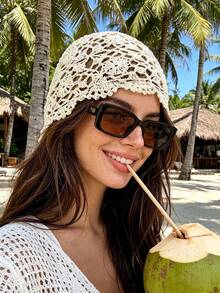 OBOVAY 1pc Women's Spring/Summer Thin Handmade Hollow Knit Hat, Bohemian Photo Decoration Hollow Beanie, Suitable For Daily Street Wear And Vacation, Shell Color Random - Multicolor - View 1
