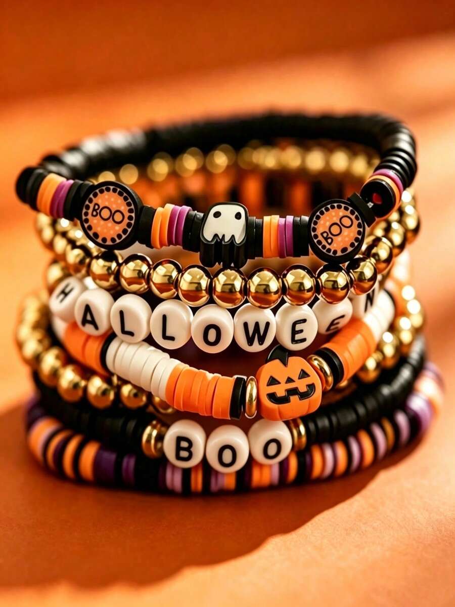 Gelang Halloween Gaya Eropa dan Amerika dari Tanah Liat Lembut, Set Perhiasan Berlapis Huruf Punk Gothic, Cocok untuk Anak-anak - Gaya 1 - View 1