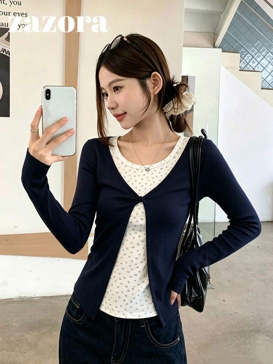 Navy Blue Ditsy Floral Faux Two Pieces Long Sleeve T-Shirt, Slim Fit Base Layer, Designer Style Beautiful Top, Autumn Clothing - Navy Blue - View 1