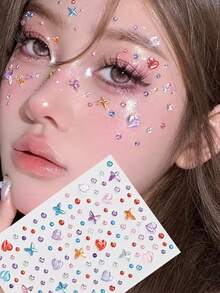 2pcs Rainbow Glitter Rhinestone Stickers, Heart & Butterfly Shaped Self-Adhesive Rhinestone Decals, Suitable For Makeup And Clothing, Multi-Color Diamond Face Decoration, Perfect For Festivals, Parties And Events - Multicolor - View 4