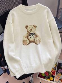 Women's Cute Teddy Bear Knit Pullover Sweater, Loose Long Sleeve, Preppy Style Comfortable Versatile Top - Apricot - View 6
